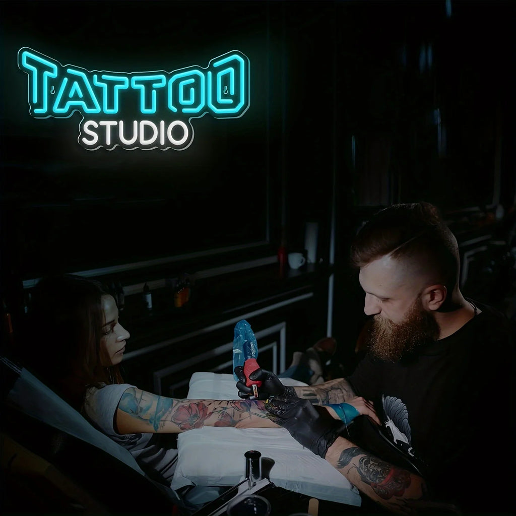 Enseigne Néon Studio Tatouage Bleu Blanc Luminescence Professionnelle Lumière LED pour Salon de Tatouage Bar Club Décoration Murale Maison Enseigne Commerciale Personnalisée Art