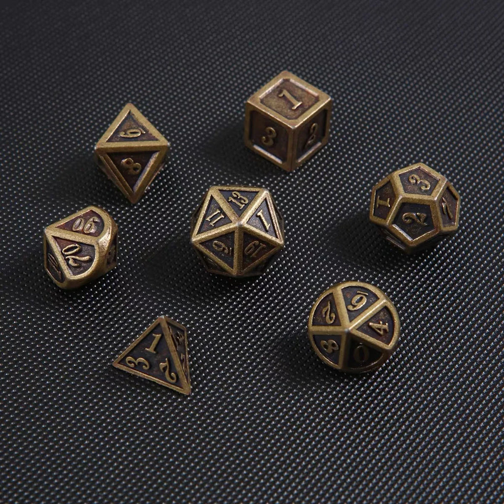 Juego de dados poliédricos metálicos DND de 7 piezas de bronce para juegos de rol calabozos y dragones DND RPG MTG D20 D12 D10 D8 D6 D4 juego de mesa