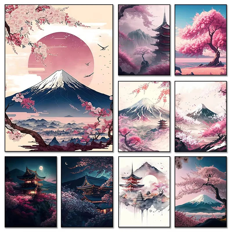 Affiche Scène de Tokyo Coucher de Soleil Mont Fuji Fleur de Cerisier Japonais Toile Imprimée HD Peinture Murale Photos Décoration Maison