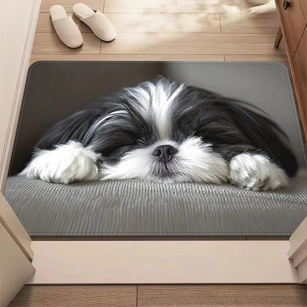 VIKAMA Paillasson mignon Shih Tzu, Tapis lavable pour animaux de compagnie pour chambres à coucher, salons et entrées, Lit pour chien de petite taille au design ludique