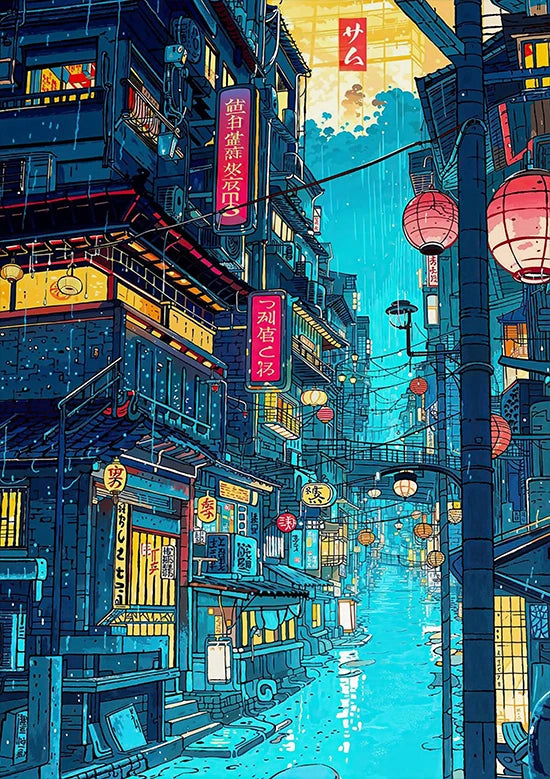 Tokio Paisaje Anime Ilustración Lámina Póster Escena Nocturna Japonesa Fuji Estilo Pintura Vintage Arte Decorativo Lienzo Arte de Pared Retro