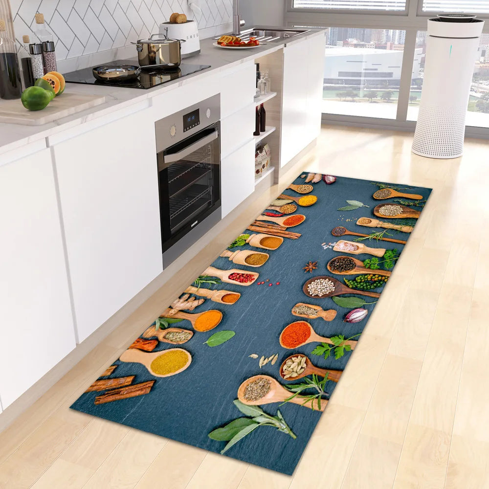 VIKAMA Alfombra escandinava impermeable, antibacteriana, resistente a las manchas, estampada con especias, lavable a máquina, moderna, para cocina, decoración del hogar