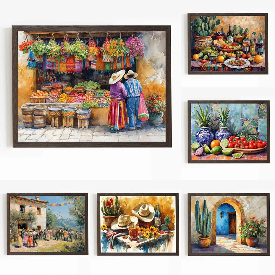 Arte de pared de México colorido vintage, pintura tradicional de la vida en el mercado, póster impreso en lienzo HD, decoración para sala de estar, dormitorio