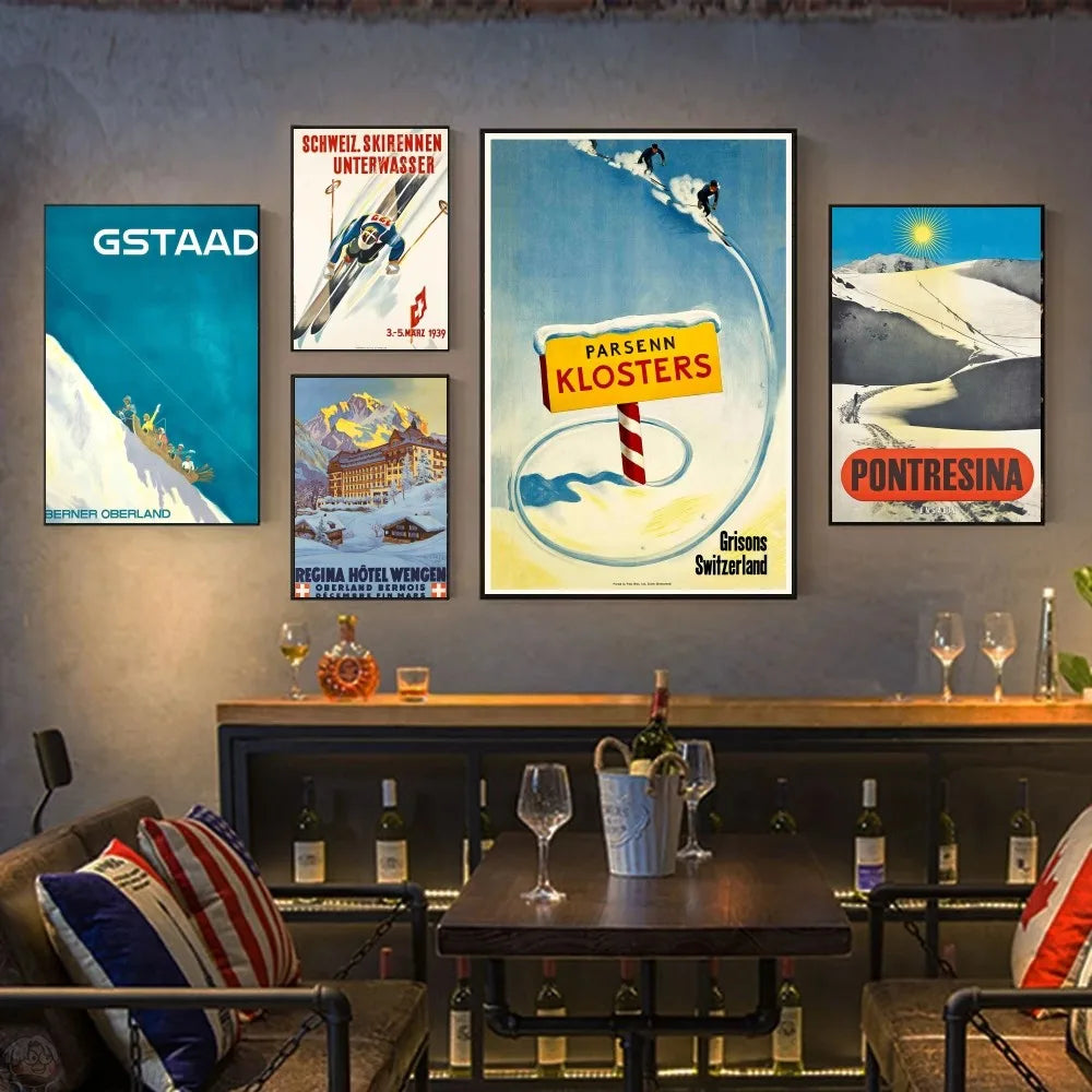 Póster de Arte de Esquí Vintage Montaña Nieve Suiza Bernesa HD Pósters Decoración Hogar Habitación Bar Cafetería Pintura Mural