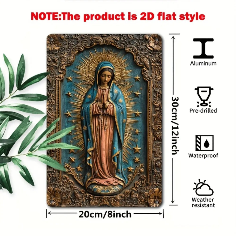 Letrero metálico vintage de la Virgen de Guadalupe - Placa de aluminio Golden Star de 8x12", decoración interior y exterior para garaje