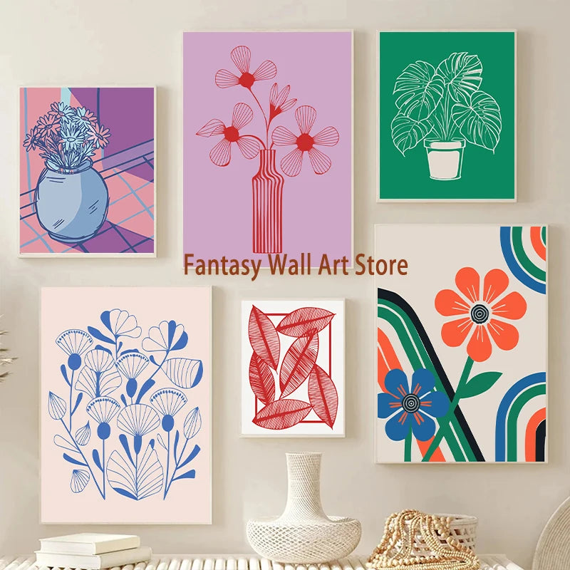 Abstract Floral Art Prints Poster Abstract Botanical Flowers Leaves Poster Canvas Painting Boho Home Room Aesthetic Wall Decor