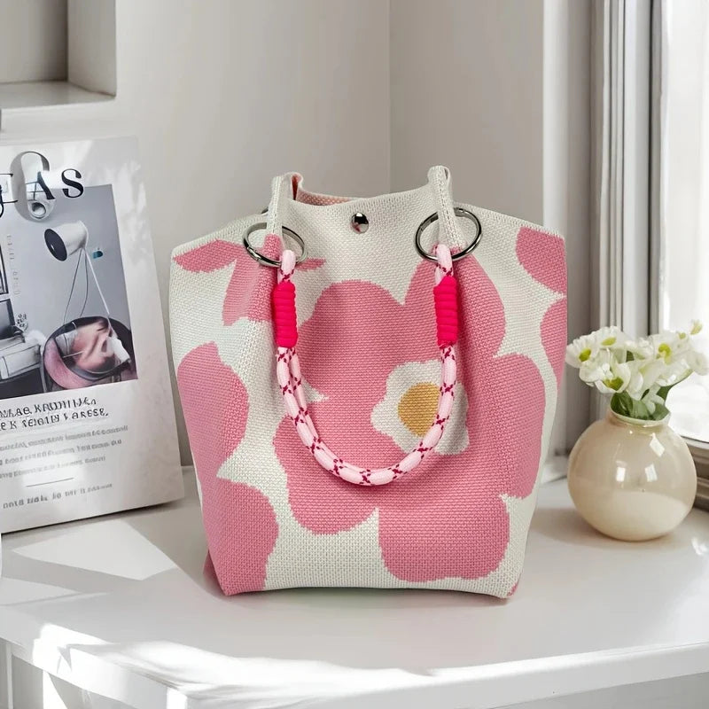 Bolso tote de punto vintage floral para mujer, bolsa de almacenamiento ligera con correas ajustables y anillos de metal, cierre de broche para viajes casuales