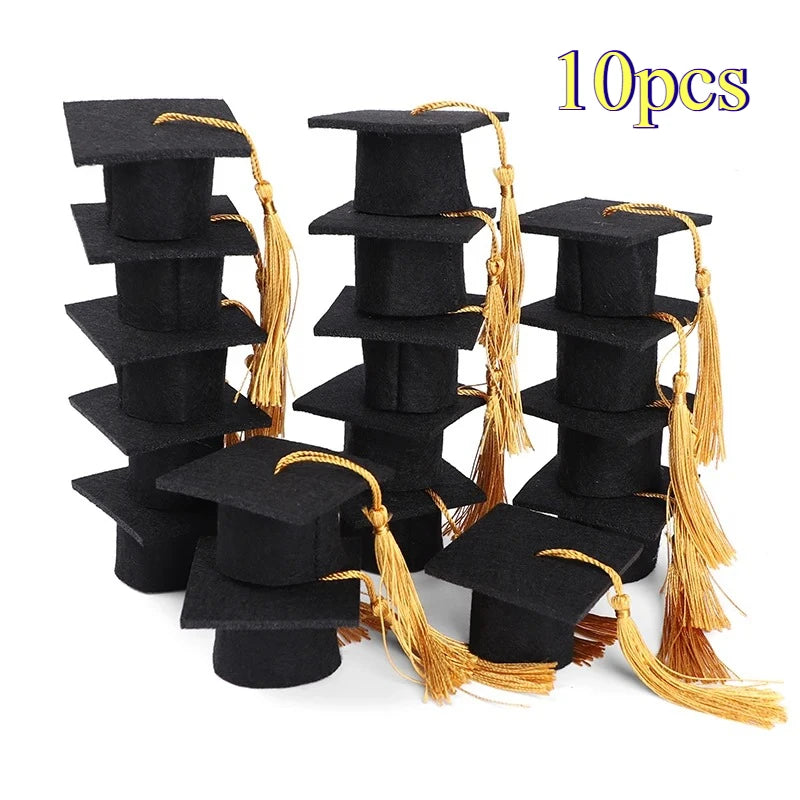 5/10 Piezas Gorro de Fieltro de Soltero con Borlas para Fiesta de Graduación, Decoración DIY, Tapa de Botella de Vino, Mini Gorro de Graduado, Cajas de Regalo para Dulces