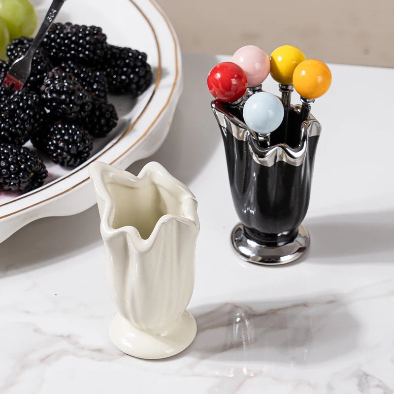 Juego de tenedores de fruta y postre de acero inoxidable de alta gama, con recipiente de almacenamiento de cerámica - tenedor de fruta innovador
