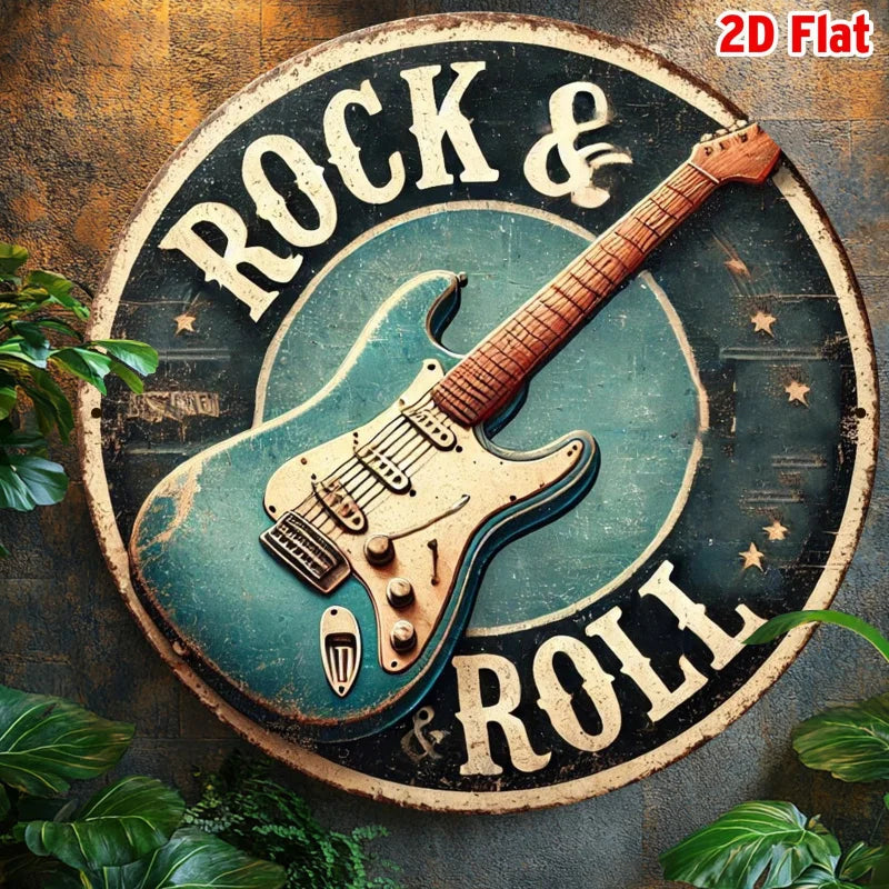 Señal de hojalata de metal de aluminio, con temática de guitarra de rock and roll, 2D PLANA, 1 pieza, arte de pared grabado en lámina para el hogar y la oficina