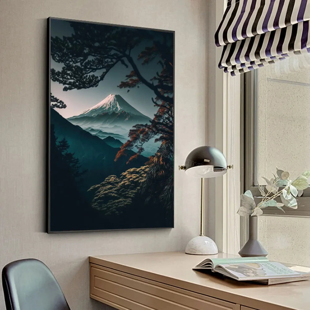 Póster Vintage Zen japonés con paisaje del Monte Fuji, peces Koi, póster HD, pósteres para decoración del hogar, habitación, bar, cafetería, pintura artística para pared