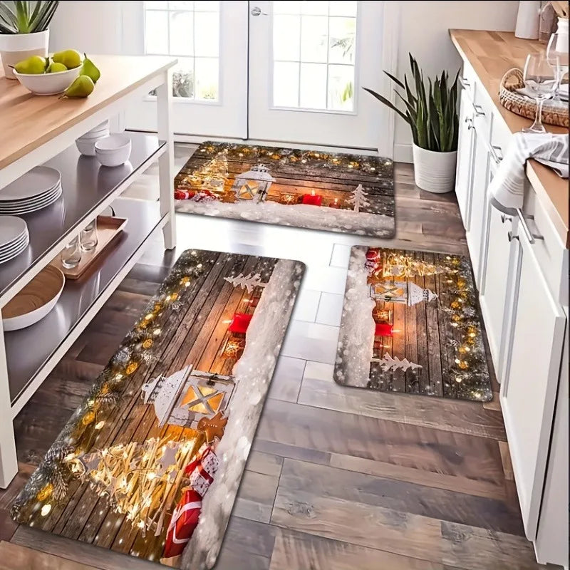 VIKAMA Tapis Scène de Neige de Noël 2pcs Tapis de Cuisine Paillasson Tapis de Bienvenue Tapis d'Extérieur pour Chambre Salon Tapis de Maison Décoration