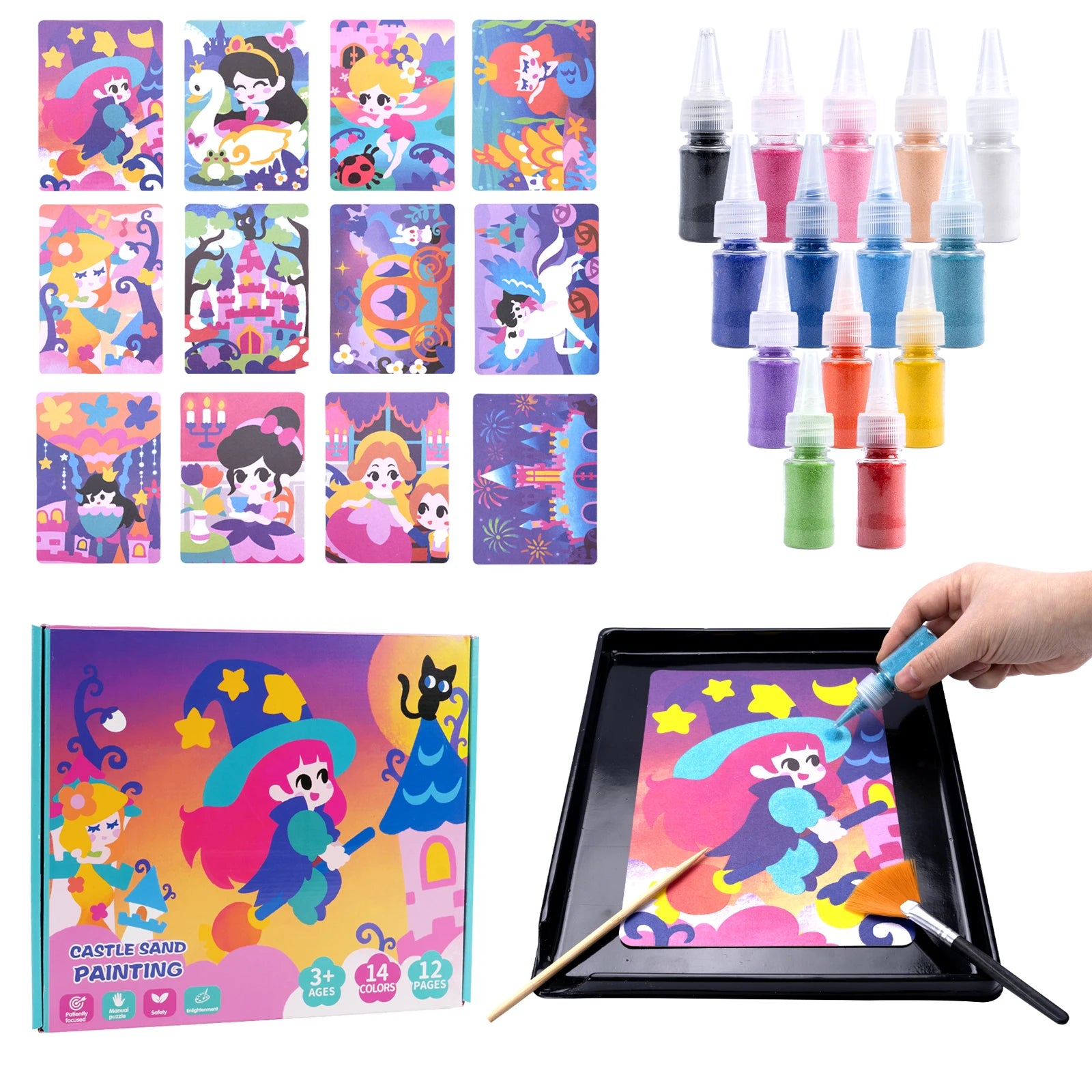 Kit de Arte con Arena DIY Artesanía de Pintura de Arena 14 Colores 12 Tarjetas de Pintura de Arena de Princesas Juguetes Montessori Juguetes Educativos para Niños Regalos