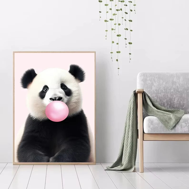 Affiche murale toile d'art mignonne de girafe panda rose, lapin, guépard, zèbre soufflant de la gomme à bulles, peinture pour chambre d'enfant, décoration d'impression animale