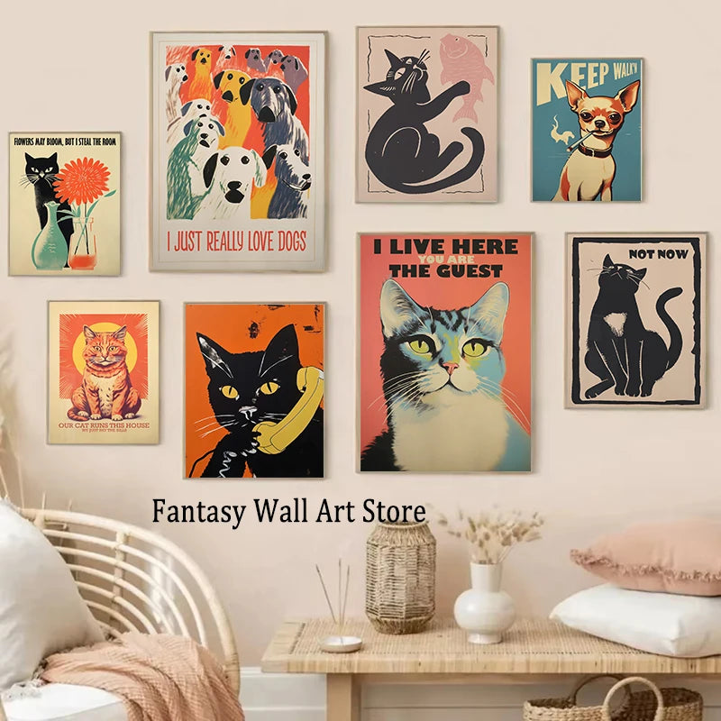 Póster divertido vintage de gatos y perros, arte de pared retro de moda, lienzo impreso, póster divertido de gatos retro, decoración de pared funky