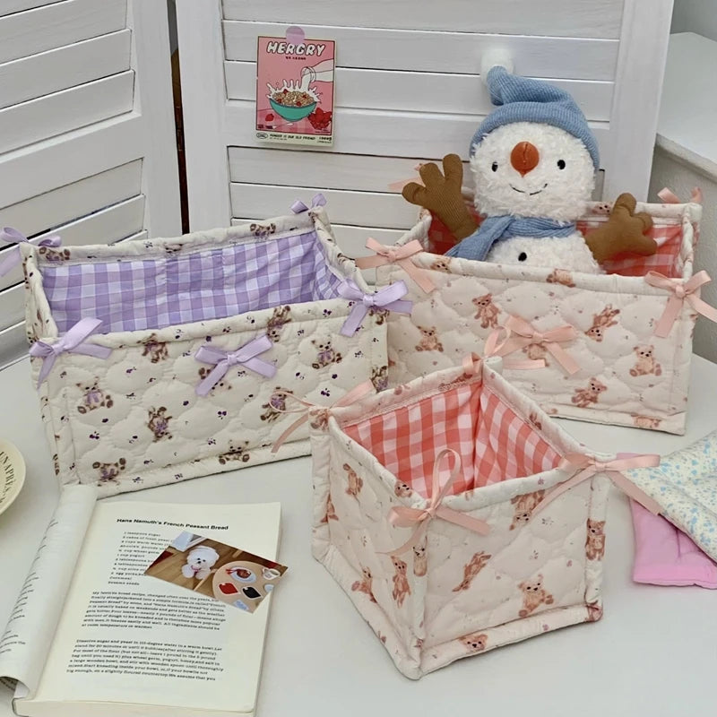 Cesta de almacenamiento cuadrada con encaje y flores, organizador de escritorio, cesta de almacenamiento acolchada coreana, bonita cesta de almacenamiento, decoración del hogar