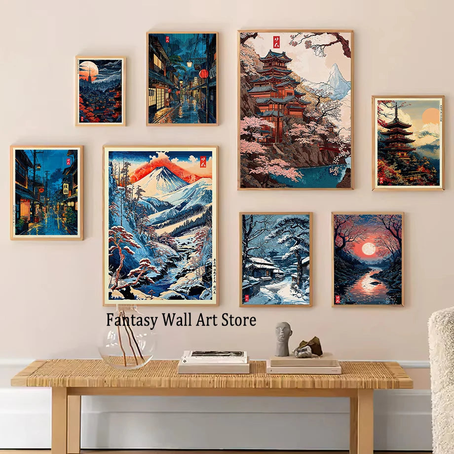 Tokio Paisaje Anime Ilustración Lámina Póster Escena Nocturna Japonesa Fuji Estilo Pintura Vintage Arte Decorativo Lienzo Arte de Pared Retro