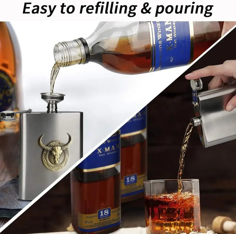 Petaca de acero inoxidable de 6 oz con tótem de toro, olla de vino, petaca portátil, botella de alcohol para viaje