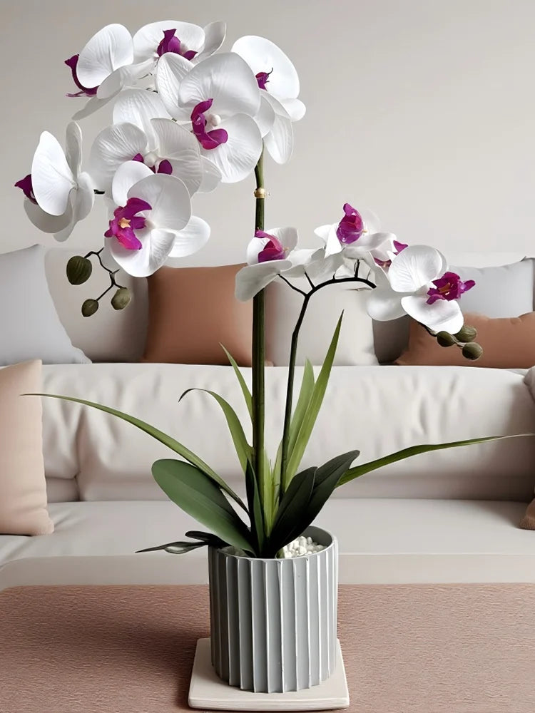 Phalaenopsis Maceta Bonsai Flor Artificial con Hoja Planta en Maceta Arreglo Floral Orquídea Artificial Decoración Interior Salón