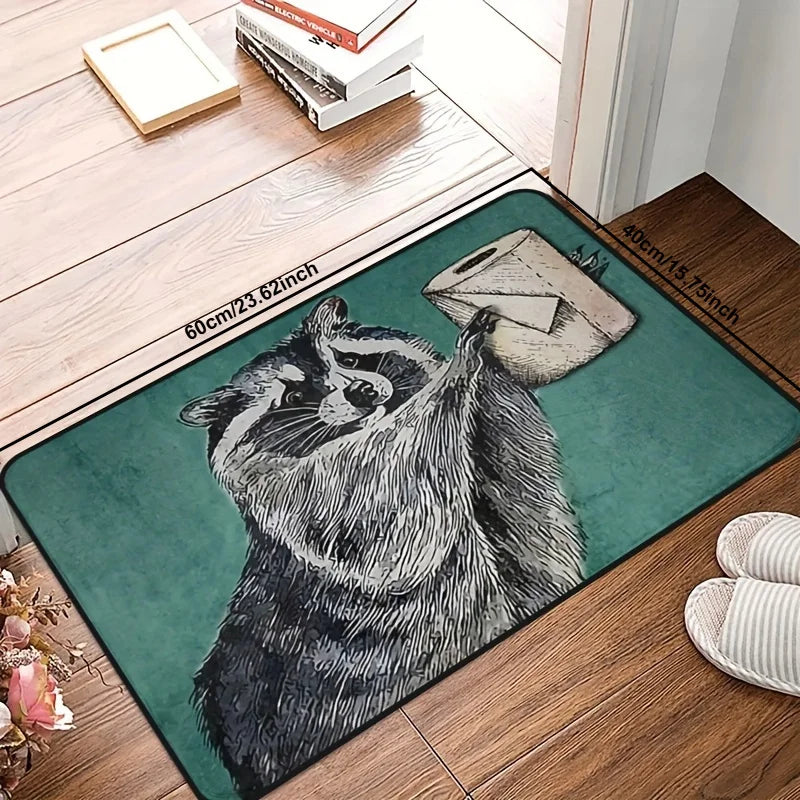 VIKAMA Alfombra de tejido de mapache gris, lindo felpudo, alfombra impermeable y antimanchas para exteriores, felpudo de bienvenida para dormitorio, decoración del hogar