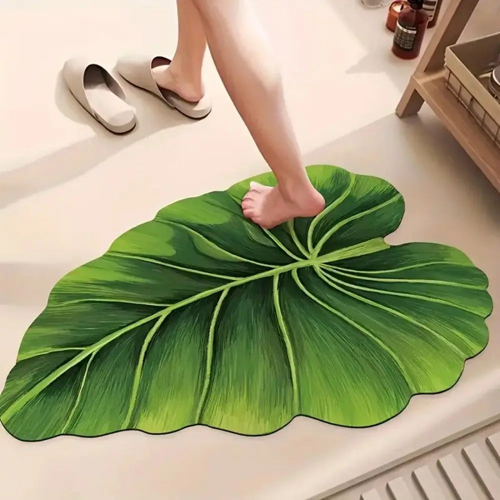 VIKAMA Alfombrilla de baño antideslizante de secado rápido, alfombra de ducha absorbente verde para el suelo del baño, alfombrilla de goma lavable con diseño de hojas y delgada