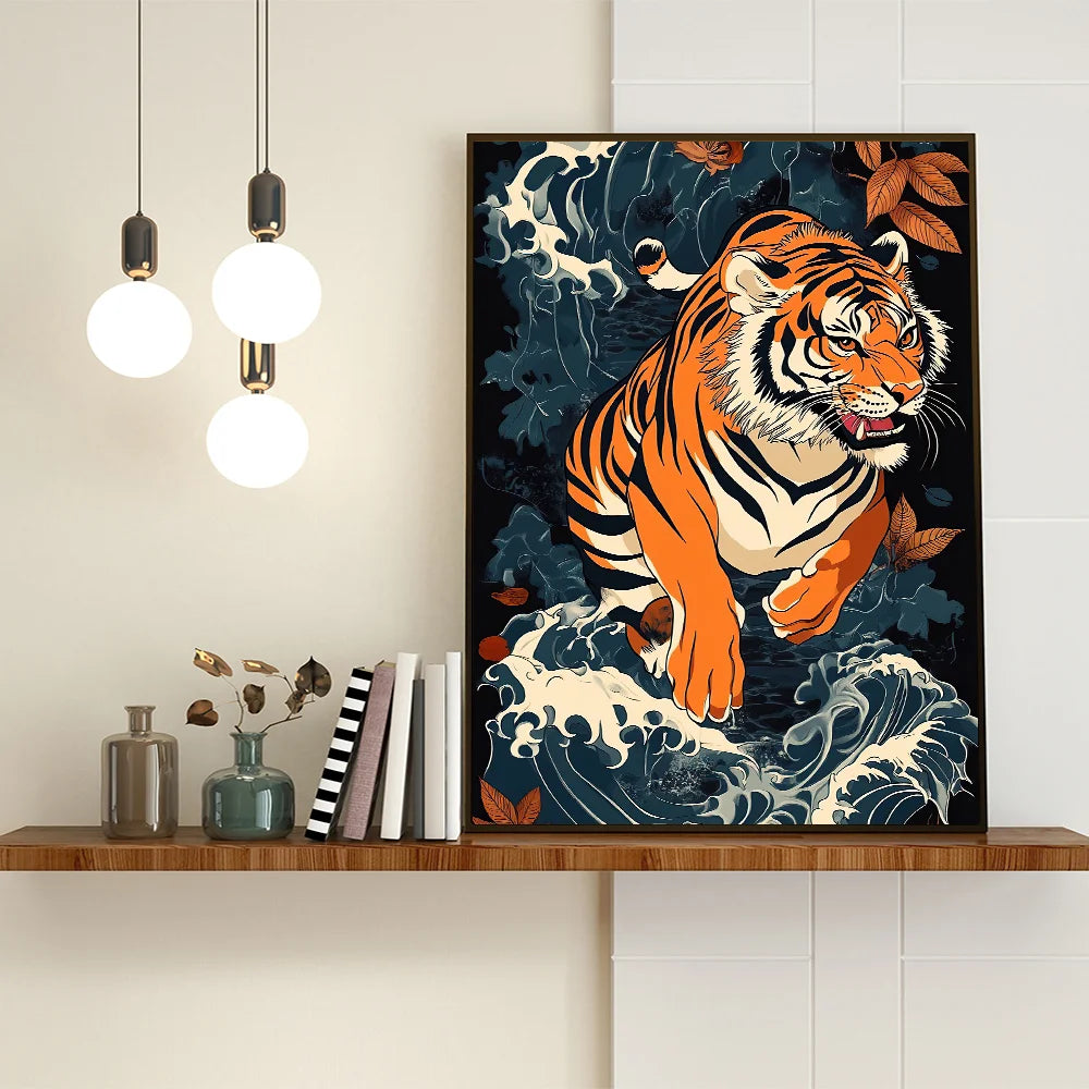 Lienzo vintage Ukiyo-e de tigre – Póster japonés de pared para sala de estar, dormitorio, decoración nórdica del hogar