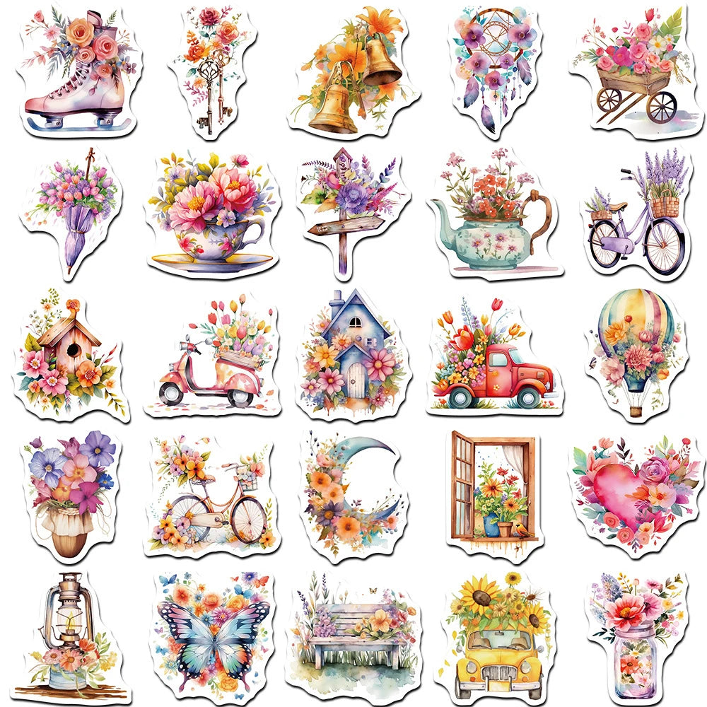 10/30/50pcs Retro Flowers World pegatinas de dibujos animados lindo estética Graffiti calcomanías ordenador portátil teléfono decoración pegatina juguete para niños