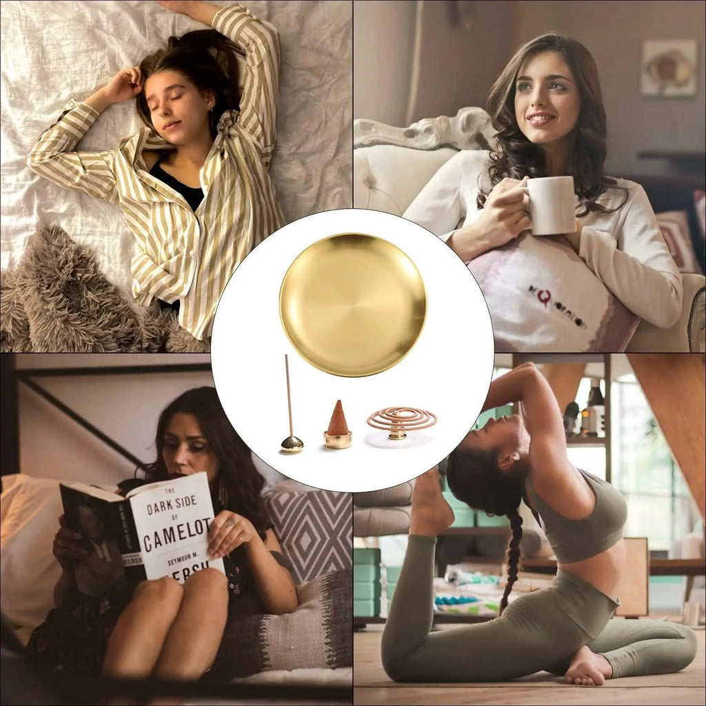 Quemador de incienso de metal 4 en 1 para yoga, soporte de incienso de latón, soporte de palo santo, soporte de salvia, bandeja de incienso, atrapador de cenizas, decoración del hogar