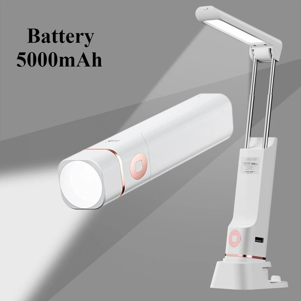 Lámpara de escritorio LED plegable con 3 velocidades de atenuación, protección ocular, carga USB, luz para libros con función de linterna y soporte para teléfono