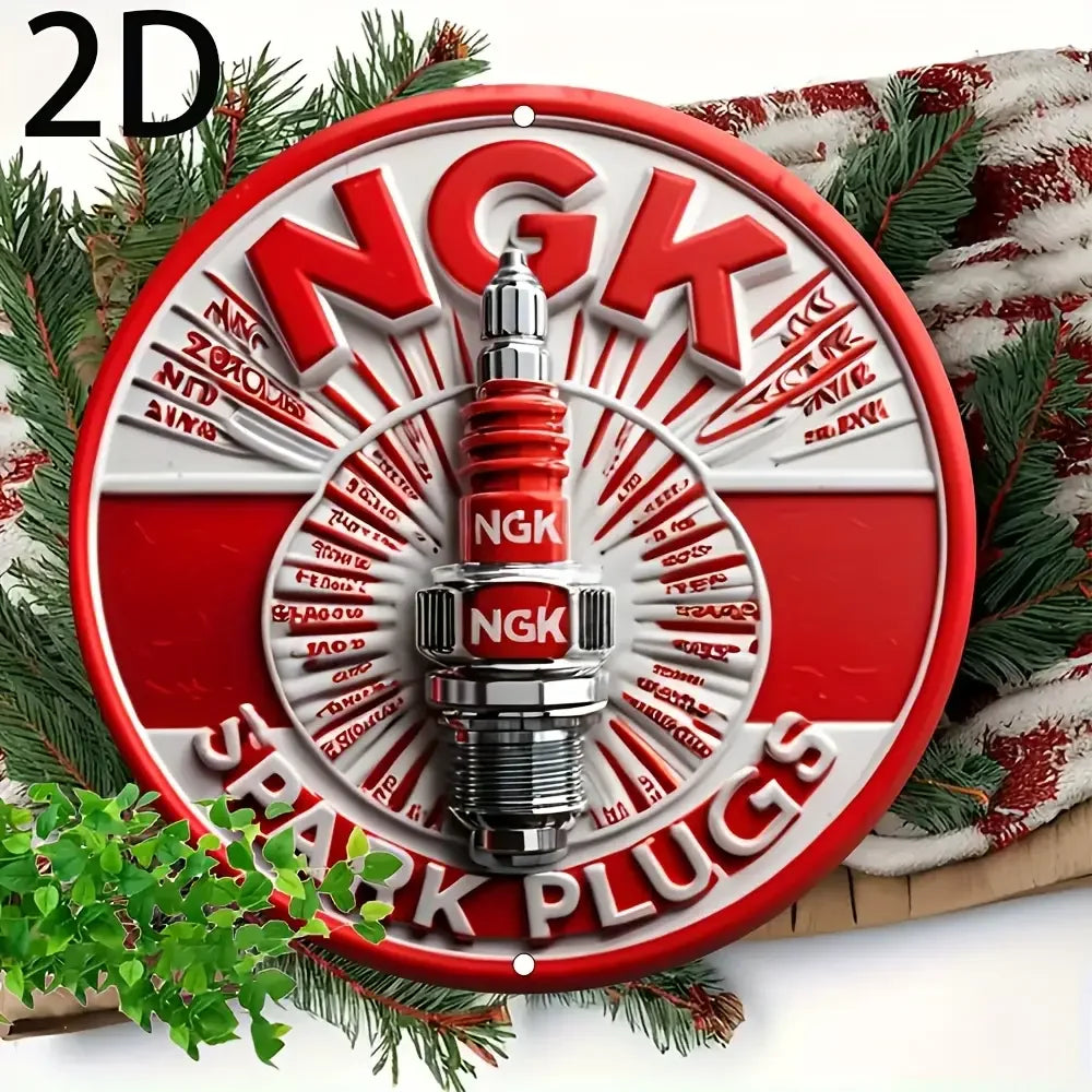 Letrero de pared de aluminio NGK Spark Plugs 2D plano, placa redonda de metal retro 2D, perforado previamente, impermeable, resistente a la intemperie