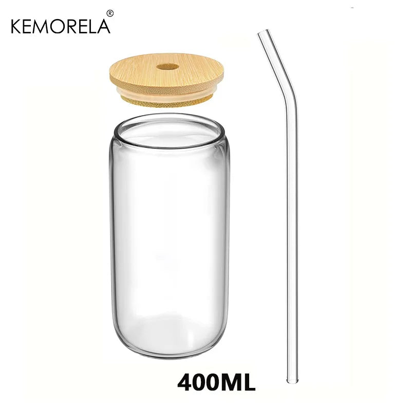 1/4 pièces 400ML tasse en verre avec couvercle en bois et paille jus boisson bière tasse à café lait tasse d'eau transparente adaptée aux fêtes