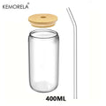 1/4 pièces 400ML tasse en verre avec couvercle en bois et paille jus boisson bière tasse à café lait tasse d'eau transparente adaptée aux fêtes
