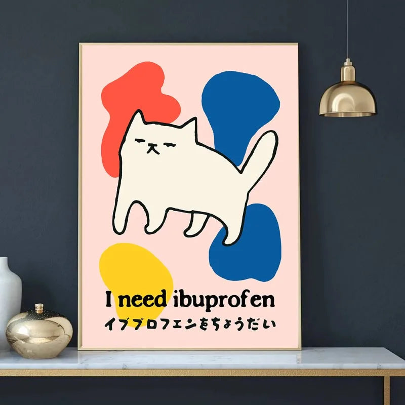 Póster divertido de meme de gato, dibujos animados japoneses de arte de gato, lienzo impreso de cultura de memes de Internet, decoración moderna para sala de estar, dormitorio, regalo
