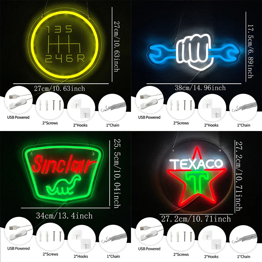 Letrero de neón LED para garaje, icono de engranaje tallado en 3D, alimentado por USB, utilizado para la decoración de bares, estaciones de servicio de automóviles, tiendas de repuestos y cuevas de hombre