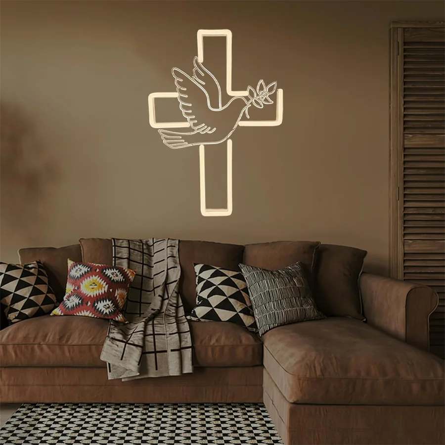 Letrero LED de neón de cruz, ícono de paloma blanco cálido, alimentado por USB para la iglesia de Jesús, bodas, hogar, decoración de actividades de Pascua, fácil de colgar.