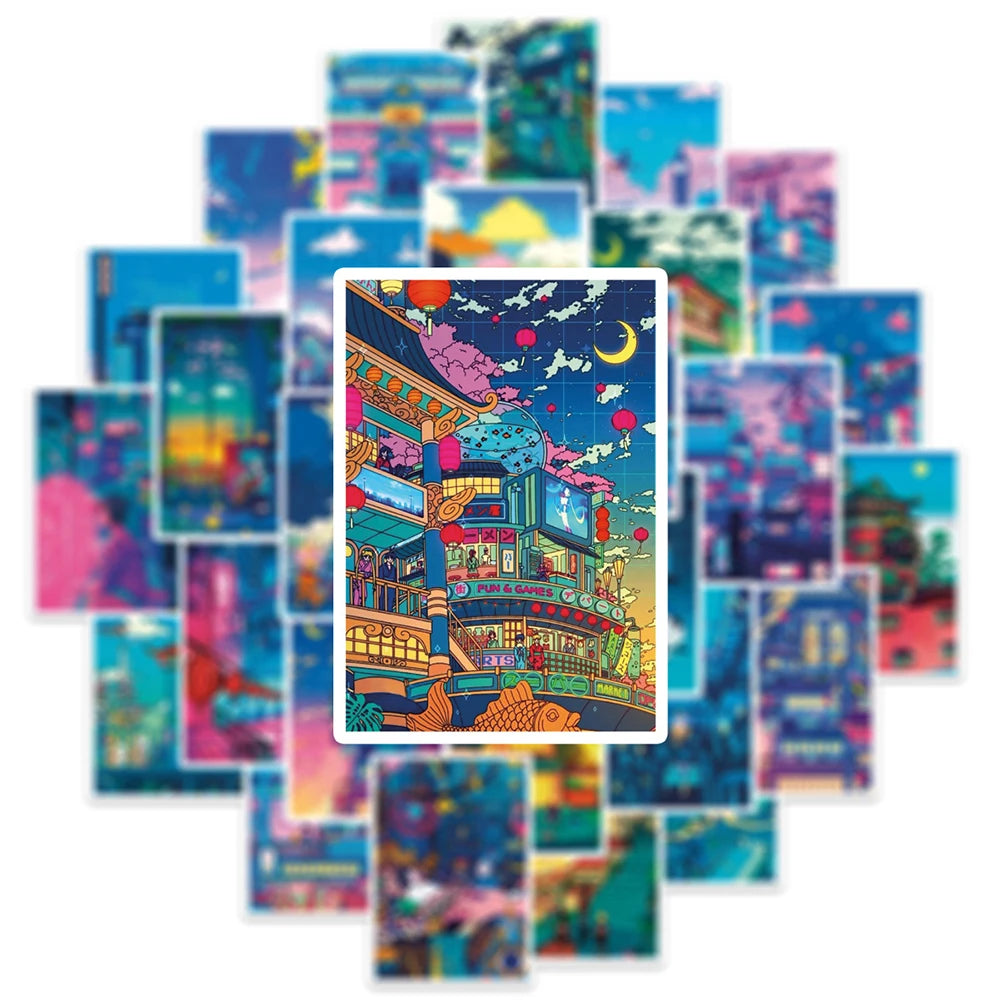 10/30/50pcs Lindas pegatinas de dibujos animados de vista nocturna de calle artística, calcomanías estéticas Ins, álbum de recortes, teléfono, laptop, equipaje, pegatina de pared, juguete para niños