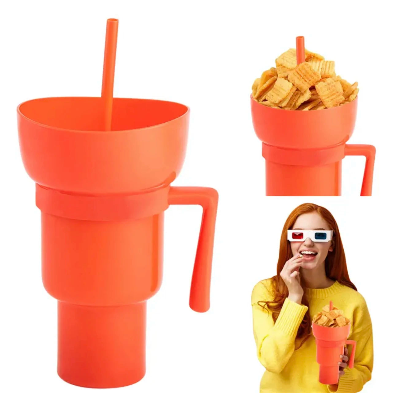 Nouvelle tasse à collation 2 EN 1 créative pour pop-corn, tasse à boisson intégrée avec poignée, tasse à boisson portable, design novateur et nombreuses fonctions