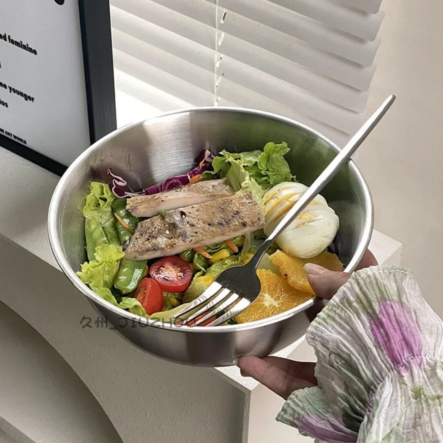 Cuenco de acero inoxidable dorado y plateado para ensalada, fideos de arroz, fideos Lamian, utensilios de cocina, recipiente para alimentos