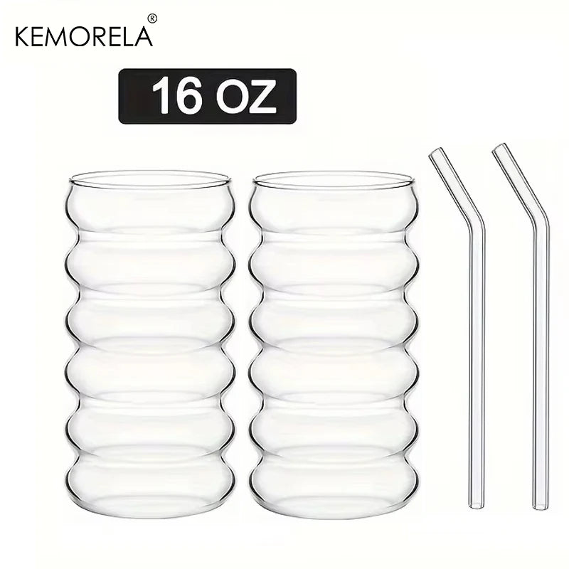 500ML 1/2/4PCS Vasos con Forma de Onda para Bebidas con Pajitas Vasos de Vidrio Vintage Vasos Ondulados para Vino, Champán, Cóctel