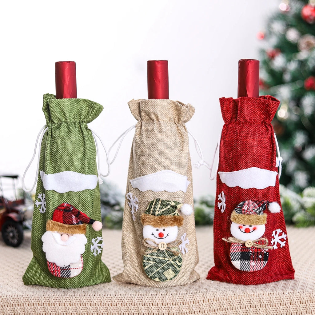 Décoration de Noël joyeuse pour la maison 2024 Housse de bouteille de vin Père Noël Chaussette bonhomme de neige Porte-cadeaux Décoration de Noël Nouvel An