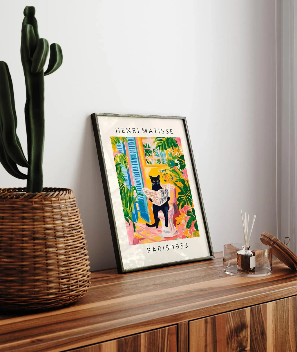 Gato negro en el inodoro, arte de pared para baño, póster de Matisse, decoración de baño divertida, decoración tropical rosa