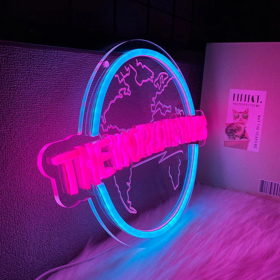 Néon LED Le Monde Est À Vous, Enseigne en forme de Terre Sculpture 3D, Utilisé pour la décoration de chambre à coucher, de club et de salle de jeux, Alimenté par USB.