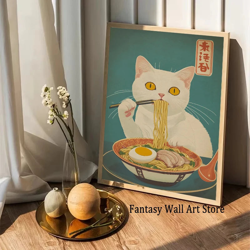 Póster Vintage Japonés Gato Comiendo Ramen Sushi Maneki Neko Arte de Pared de Cocina Gato Japonés Neko Decoración de Pared Lienzo Pintura Restaurante