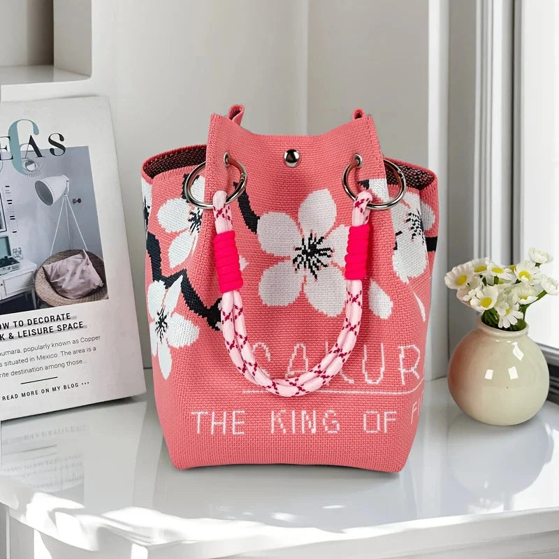 Bolso tote de punto vintage floral para mujer, bolsa de almacenamiento ligera con correas ajustables y anillos de metal, cierre de broche para viajes casuales