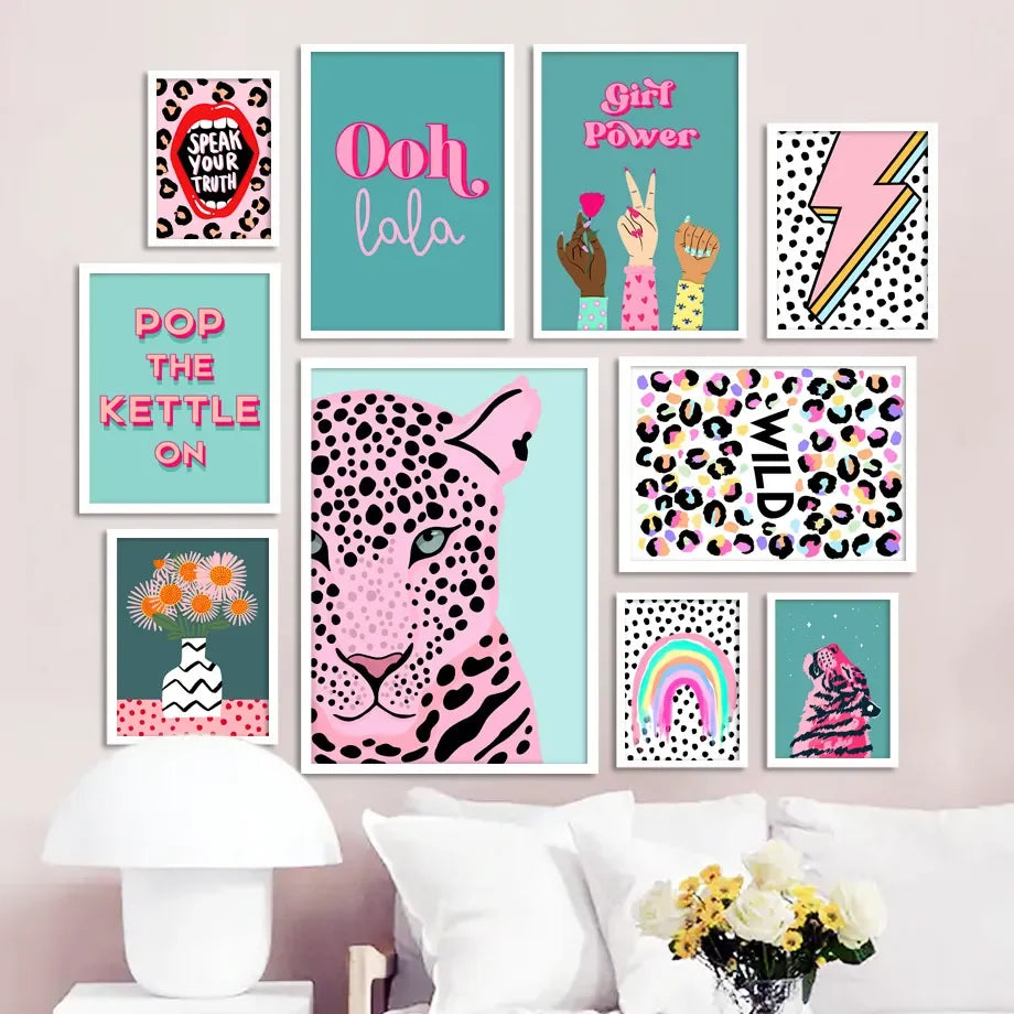 Léopard sauvage Tigre Arc-en-ciel Fille Puissance Lèvres Vase Fleur Art Mural Toile Peinture Affiche Nordique Image Murale Pour Décoration Salon