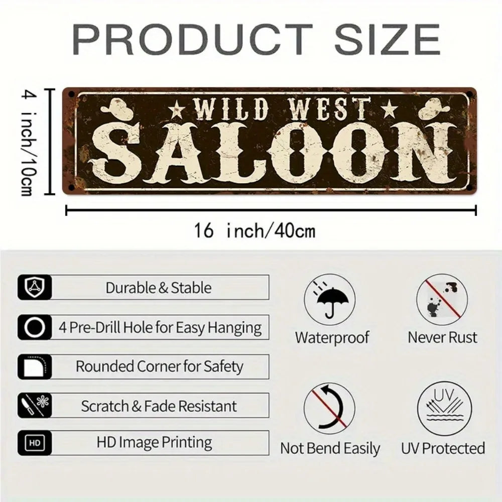 Letrero de metal vintage "Wild West Saloon" - 40x10 cm, decoración rústica de estrellas de vaquero, arte de bar para interiores y exteriores
