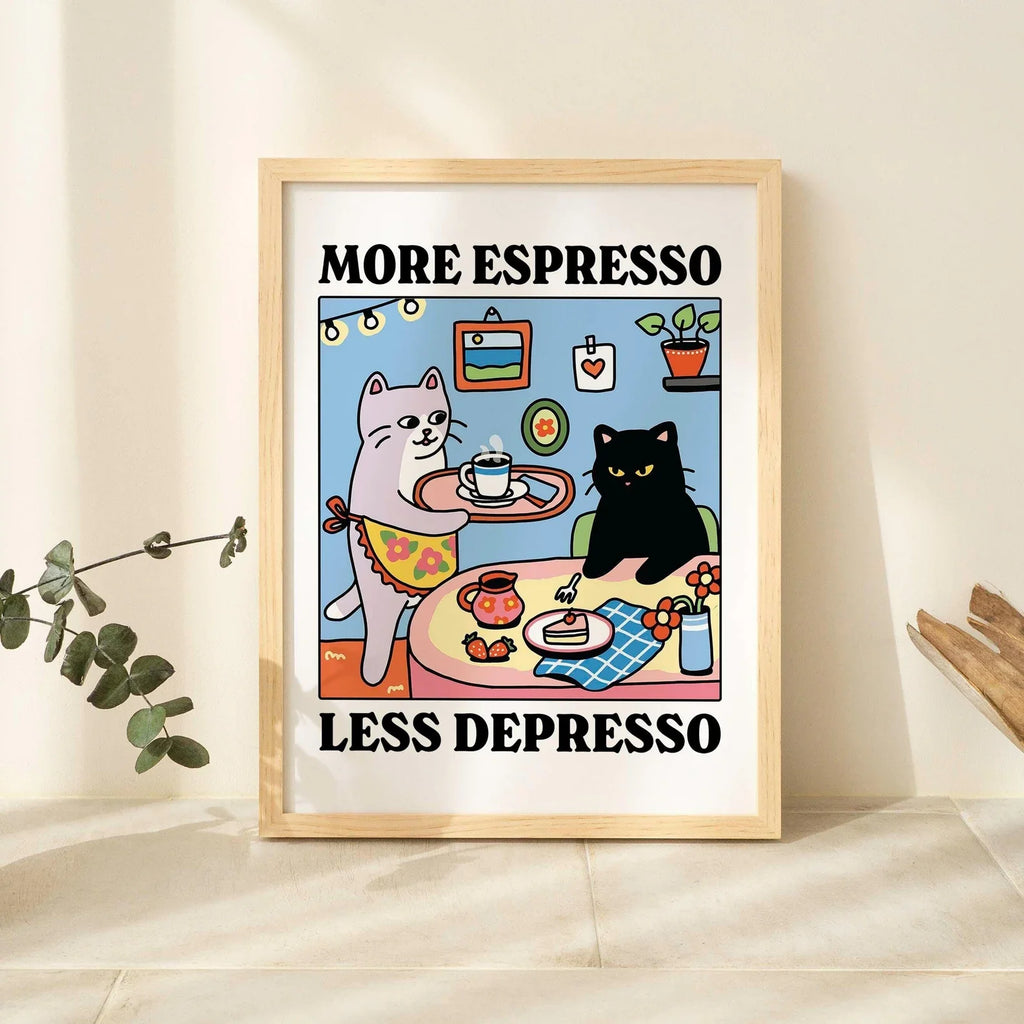 Más Expreso Menos Depresión Póster Gato Negro, Póster Gato Cafetero, Arte de Cocina, Póster Gato Cafetero Hecho a Mano, Barra de Café, Único