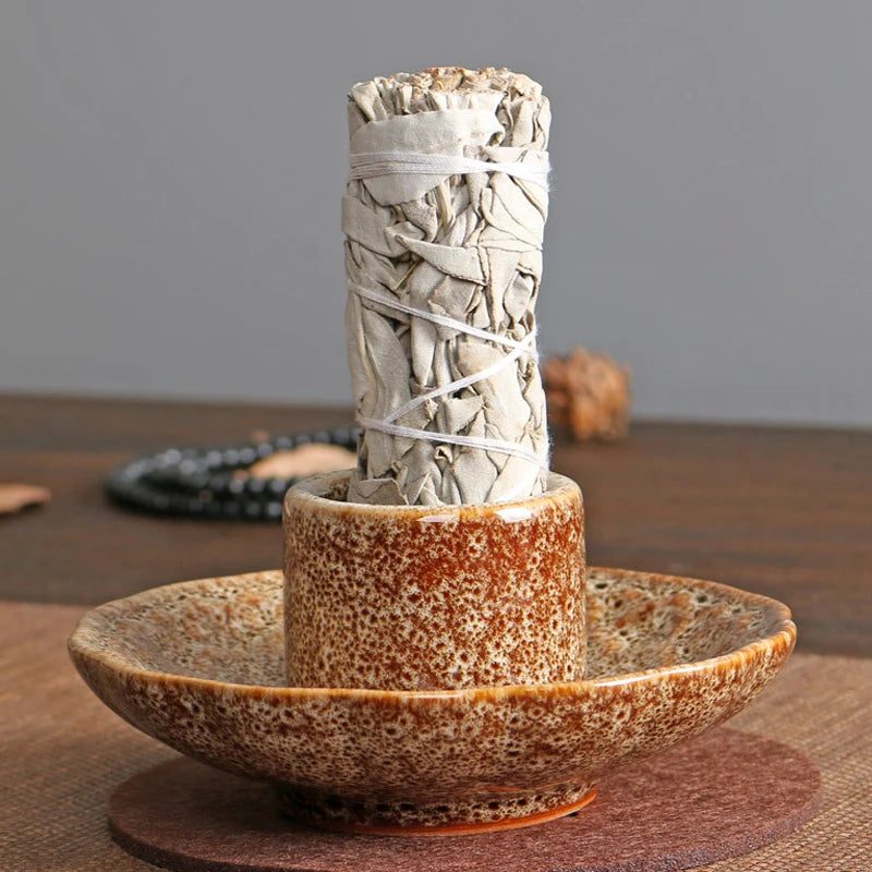 Brûleur d'encens Lotus en céramique pour Palo Santo, porte-encens de sauge, cendrier, plateau attrape-cendres pour la méditation et le yoga