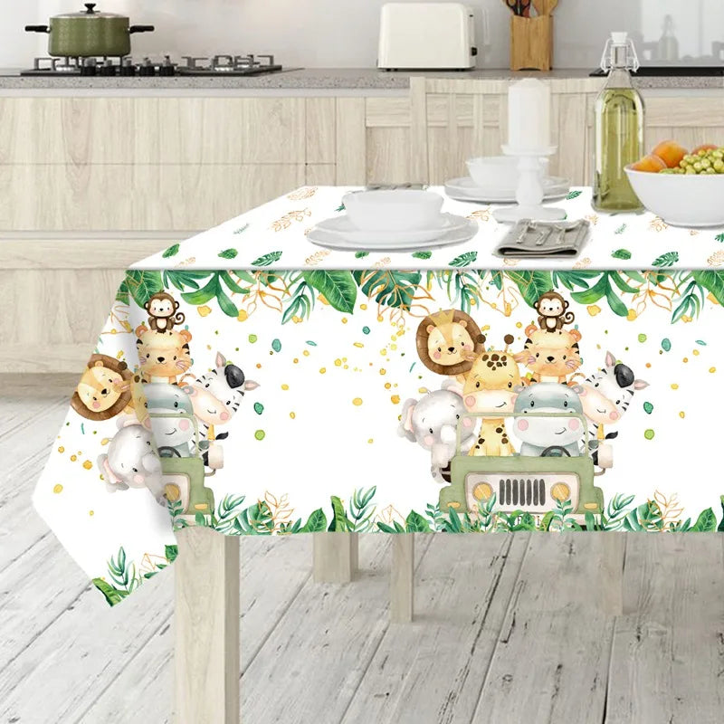 Nappe d'anniversaire animaux de la jungle, feuilles de palmier, nappe de fête d'anniversaire Safari dans la jungle, décoration pour enfants Wild One