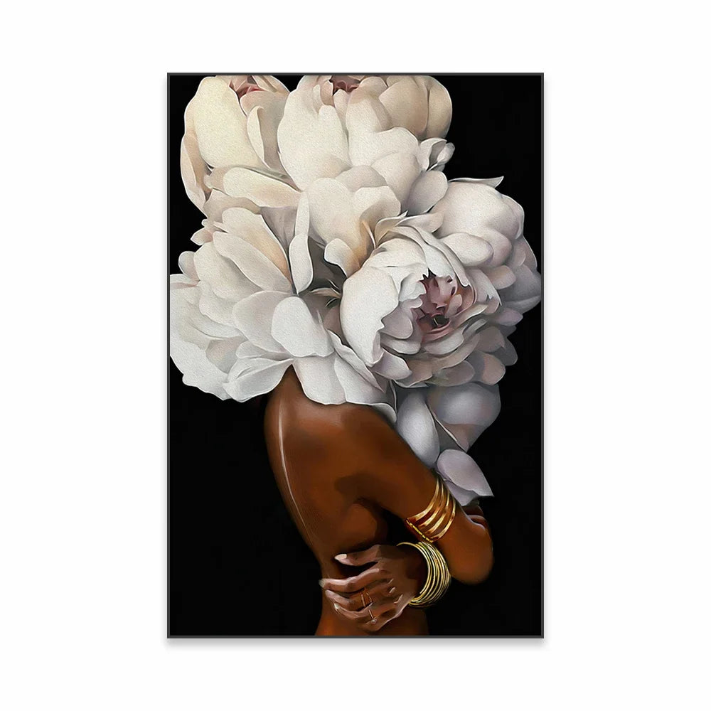 Clásico abstracto arte de pared mujer negra niña con flores lienzo impreso póster impresión póster decoración del hogar sala de estar dormitorio